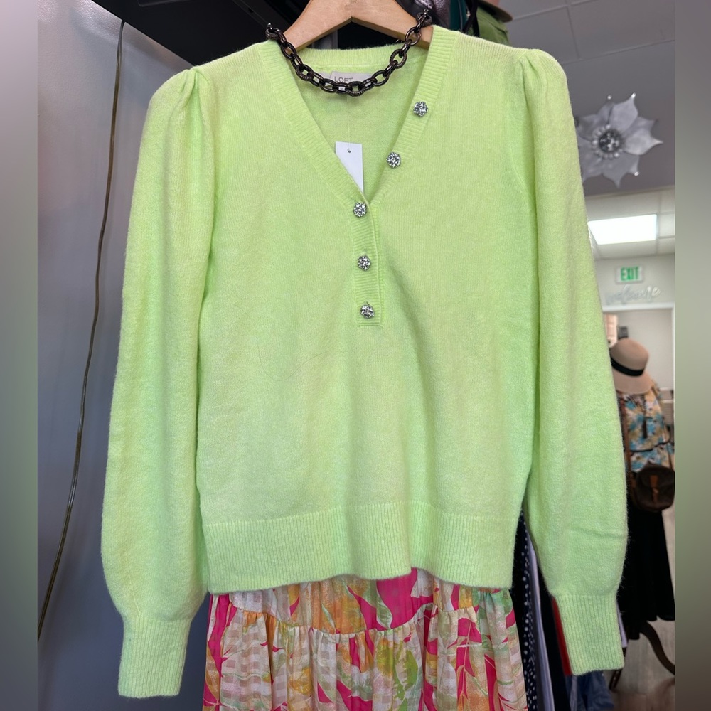 Loft lime green sweater with button rhinestones NWT size XS
